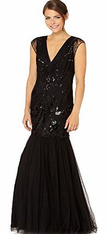  Womens Designer Black Embellished Fishtail Skirt Maxi Dress 12