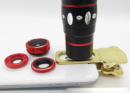 Pechon Red Universal Clamp Clip Camera Lens 10x Optical Zoom Telescope   Fish Eye Lens   Wide Angle   Micro Lens 4-in-1 Kit for Iphone 6 6 Plus 5 5c 5s 4s 4 Ipad Mini Ipad 4 3 2 Samsung Galaxy S5 S4 S