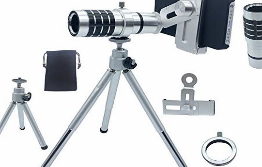 Pechon Silver 12x Magnifier Zoom Aluminum Universal Manual Focus Telephoto Telesocpe Phone Camera Lens Kit with Tripod for iPhone 4 4S 5 5S 5C itouch Samsung Galaxy S3/i9300/S4/i9500/S5/Note 1/2/3