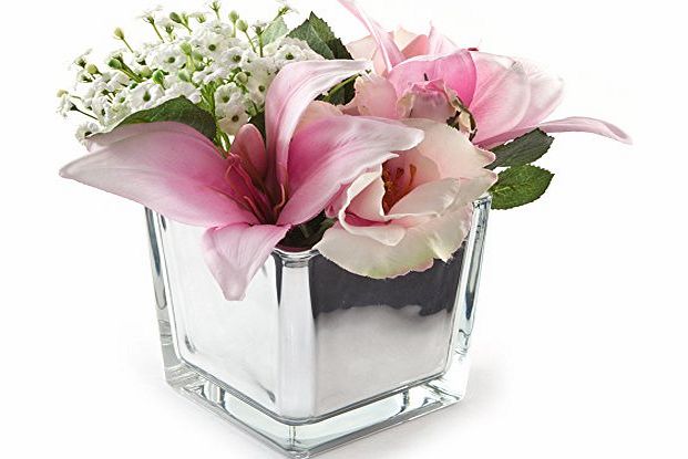 Peony 6513 Rose Lily and Gypsophila Artificial Floral Arrangement in a Mirrored Glass Cube