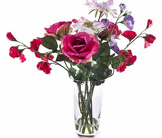 Peony 6735 Roses with Sweet Peas and Scabiosa Artificial Floral Arrangement in Tall Glass Vase