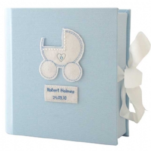 Personalised Baby Keepsake Box - Blue Felt Pram