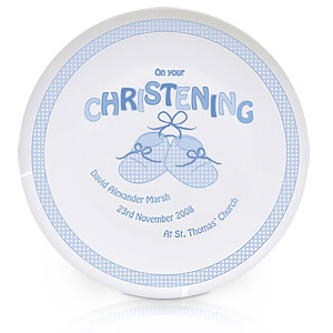 Blue Bootee Christening Plate