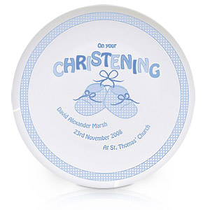 personalised Blue Bootee Christening Plate
