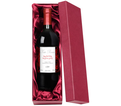 personalised Bottle of Red Wine in Silk Lined