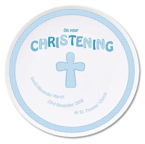 Personalised Cross Blue Christening Plate