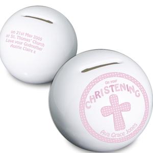 Personalised Cross Pink Christening Moneybox