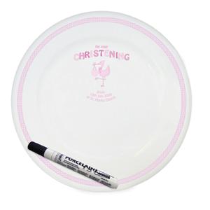 Stork Pink Christening Message Plate