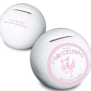 Personalised Stork Pink Christening Moneybox