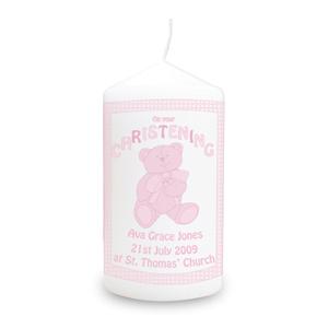 Personalised Teddy Pink Christening Candle