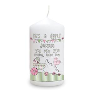 Personalised Whimsical Pram Its a Girl Candle