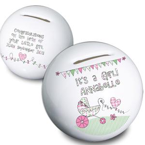 Personalised Whimsical Pram Its a Girl Moneybox
