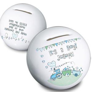 Whimsical Train Its a Boy Moneybox