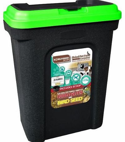 PET FOOD STORAGE CONTAINER BLACK. HOLDS 15.5KG. GREEN LID. RUBBER AIRTIGHT SEAL.