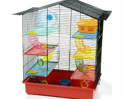 Pet Product Distribution Wire Hamster Cage with House/ Wheel/ 3 x Platforms/ 5 x Tubes, Large, 49 x 33 x 55 cm, Multi-Colour