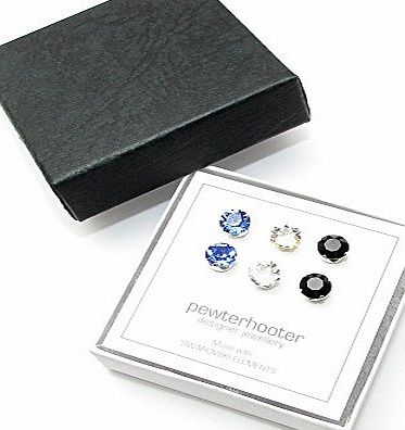 pewterhooter MENS SET OF 3 PAIRS OF SILVER STUD EARRINGS MADE WITH CRYSTAL, JET AND SAPPHIRE BLUE SWAROVSKI CRYSTAL.