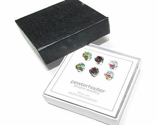 pewterhooter SET OF 3 PAIRS OF SILVER STUD EARRINGS MADE WITH VOLCANO, AURORE BOREALE AND PERIDOT AURORE BOREALE SWAROVSKI CRYSTAL.