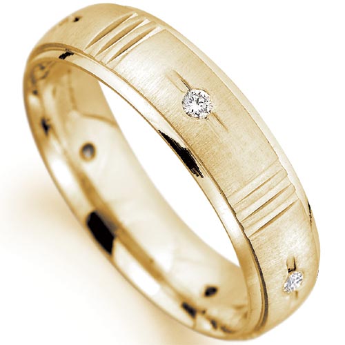 PH Rings 5mm Diamond Set Dimpled Matt Effect Wedding Band In 18 Carat Yellow Gold