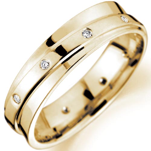 PH Rings 5mm Diamond Set Grooved Wedding Band In 18 Carat Yellow Gold
