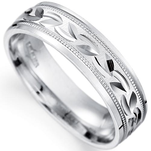 PH Rings 5mm Leaf and Millgrain Effect Wedding Band In 9 Carat White Gold