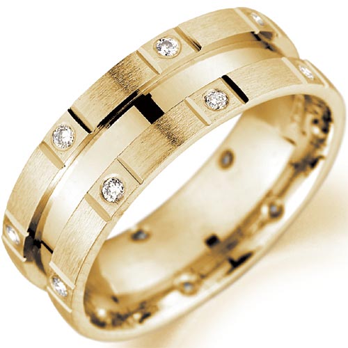 PH Rings 6mm Diamond Set Matt and Polished Finish Wedding Band In 9 Carat Yellow Gold