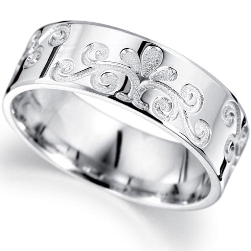 PH Rings 6mm Engraved Fleur Design Wedding Band In 9 Carat White Gold