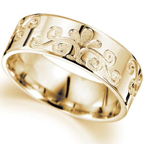PH Rings 6mm Engraved Fleur Design Wedding Band In 9 Carat Yellow Gold