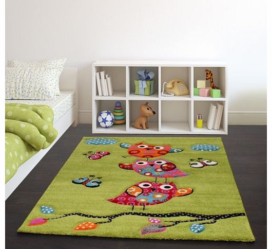 PHC Kids Carpet Cute Owls Modern Children Rug in Green Cream Red Blue Orange, Size:80x150 cm