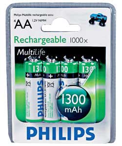 Philips MultiLife AA 1300mAh Rechargeable Batteries-4 Pack