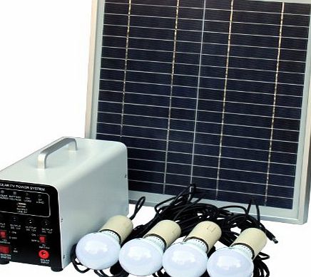 Photonic Universe 15W Off-Grid Solar Lighting System with 4 LED Lights, Solar Panel, Battery and Cables - Complete Solar Lighting Kit