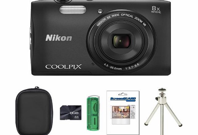 Picsio Nikon COOLPIX S3600 Digital Camera - Black   Case   8GB Card   Multi Card Reader   Screen Protector and Tripod (20.1MP, 8x Optical Zoom) 2.7 inch LCD
