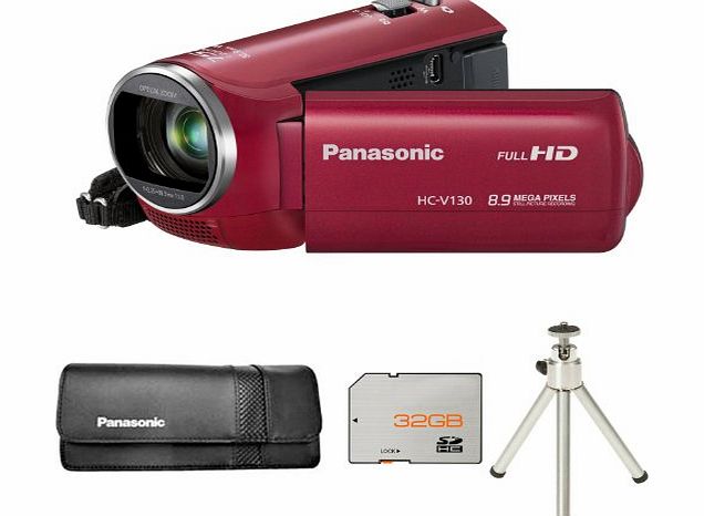 Picsio Panasonic HC-V130 Full HD Camcorder - Red   VWPS66XEK Case   32GB Card and Tripod (8.9MP, 75x Intelligent Zoom) 2.7 inch Touchscreen LCD
