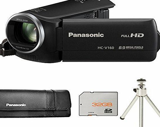 Picsio Panasonic HC-V160 Full HD Camcorder - Black   VWPS65XEK Case   32GB Card and Tripod (8.9MP, 77x Intelligent Zoom) 2.7 inch Touchscreen LCD