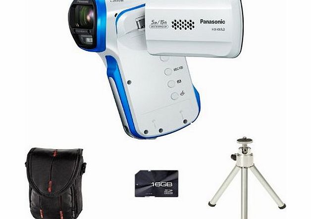 Panasonic HX-WA3 Full HD Camcorder - White/Blue + Case + 16GB Memory Card and Tripod