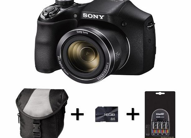 Picsio Sony DSC-H300 Digital Camera - Black   16GB Memory Card   4 AA Batteries and Charger (20.1MP, 35x Optical Zoom) 3 inch LCD