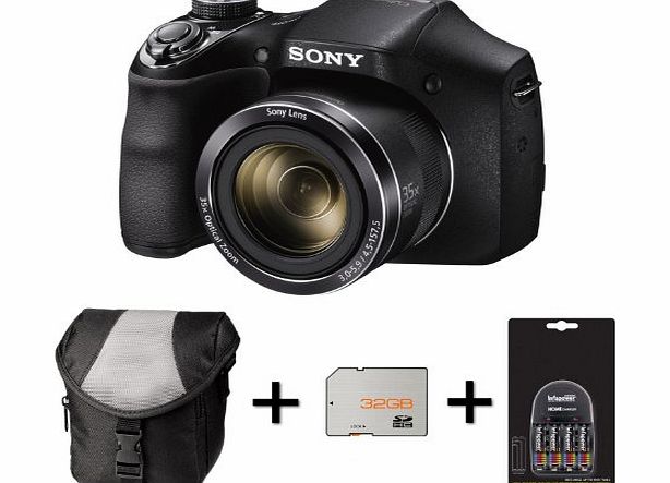 Picsio Sony DSC-H300 Digital Camera - Black   32GB Memory Card   4 AA Batteries and Charger (20.1MP, 35x Optical Zoom) 3 inch LCD