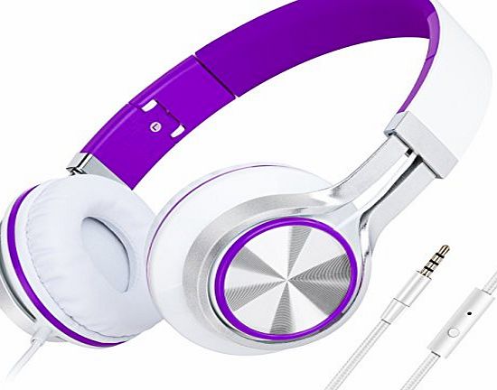Picun Headphones,Picun HD200 Stereo Lightweight Folding Headphones with Microphone,Stretchable Headband,Remote Control Button,Bass Headset,with Soft Earpad Earphones (White Purple)