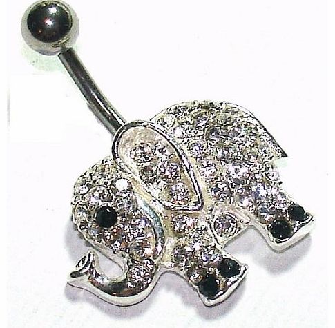 Belly Bars - Pierced & Modified - Body Jewellery - Elephant Sterling Silver Navel Bar - White Crystal