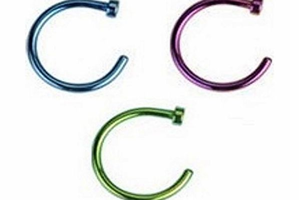 PiercedOff Set of 3 Titanium IP Over Surgical Steel Nose Hoop Rings - Green, Pink, Blue 20GA (0.8mm)