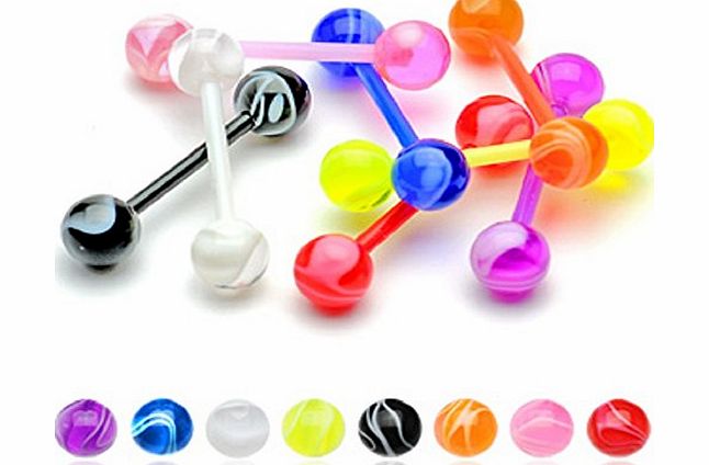 PiercedOff Set of 8 Assorted Colour BioFlex Tongue Studs with UV Marble Stripe Acrylic Balls Tongue Bars 14GA (1.6mm x 16mm)