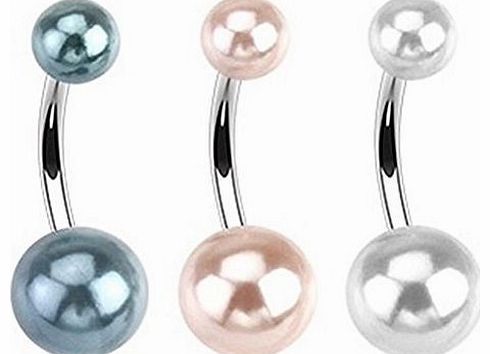 Piercing Boutique Pack of Three Surgical Steel Belly Bar 1.6mm (14gauge) Bar Thickness x 10mm Bar Length with Faux Pearl Balls