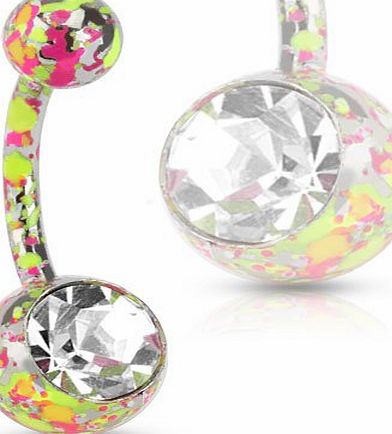 Surgical Steel Belly Bar With Paint Splatter Ball Design 1.6mm (14 gauge) x 10mm Length - One Piece - Blue Splatter