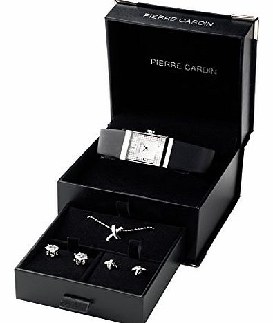 Black Leather Strap Stainless Steel Designer Watch & Crystal Pendant Necklace & Jewellery Gift Set Pcx1010L02