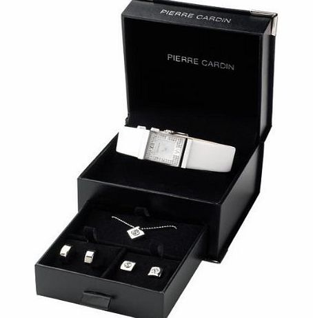 Pierre Cardin White Leather Strap Stainless Steel Designer Watch amp; Crystal Pendant Necklace amp; Jewellery Gift Set
