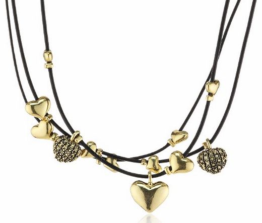 Leather Necklace with Gold Plated Pendants and Clear Crystal Stones of 38cm 601312001