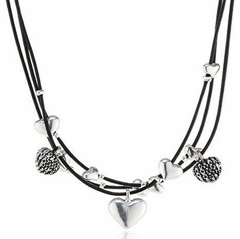Leather Necklace with Silver Plated Pendants and Clear Crystal Stones of 46cm 601316001