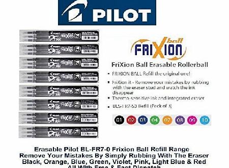Pilot Black Frixion Rollerball Erasable Pens Pen Refills Replacement Spare Ink BLS-FR7 (Pack Of 3 - 9 Refills)