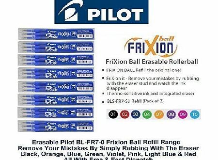 Pilot Blue Frixion Rollerball Erasable Pens Pen Refills Replacement Spare Ink BLS-FR7 (Pack Of 3 - 9 Refills)