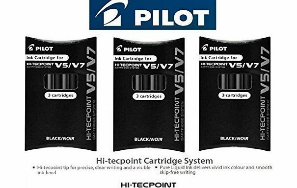 Pilot BXC-V5 / V7 Black Refill Replacment Spare Liquid Ink Cartridges For Hi-Tecpoint V5 amp; V7 Cartridge System Rollerball Pen (Pack Of 3 - 9 Cartridges)