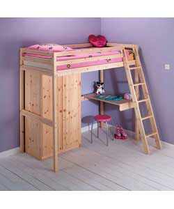 Pine High Sleeper with Wardrobe and Desk
